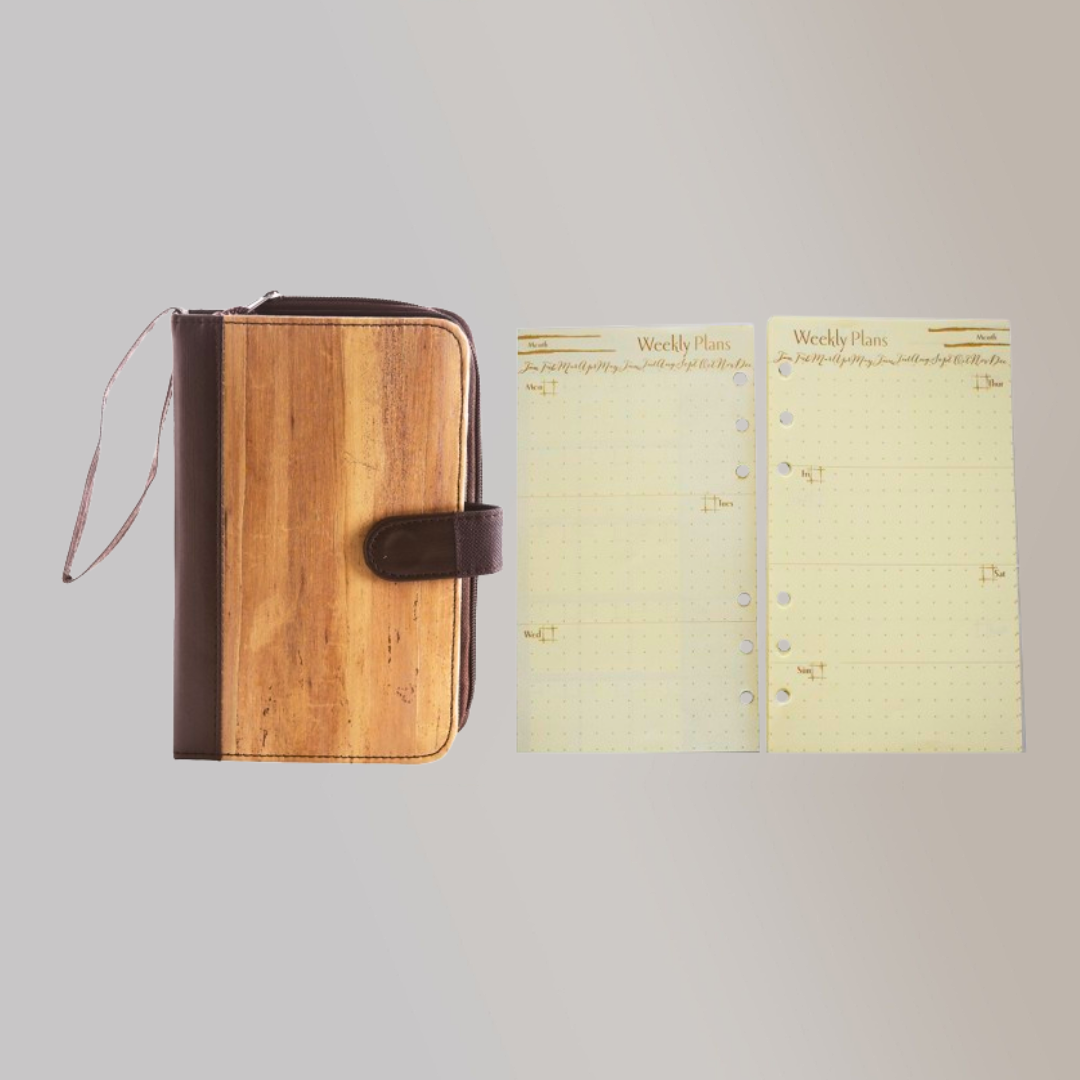 A6 Ring Binder Dateless Planner and Wallet Organizer + 1 extra dateless refill set - Choco Brown