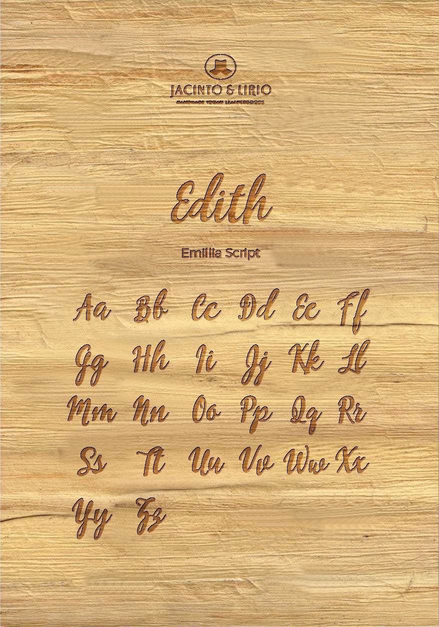 The name "Edith" laser engraved on a piece of vegan leather along with its the uppercase and lowercase alphabet engraved with the same font to showcase the full range.