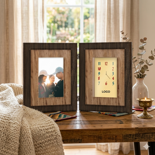 Oras Wooden Picture Frame and Clock Table Display with Water Hyacinth Vegan Leather Matting and Personalizable Clock Face, Wall Art Decor, Jacinto & Lirio, Jacinto & Lirio. - Jacinto & Lirio
