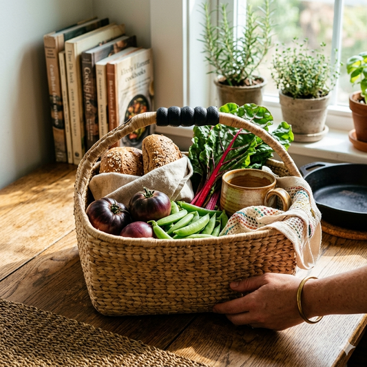 Woven Water Hyacinth Basket with Wood Accent