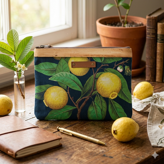Flat Zipped Waxed Canvas Pouch with Water Hyacinth Accent