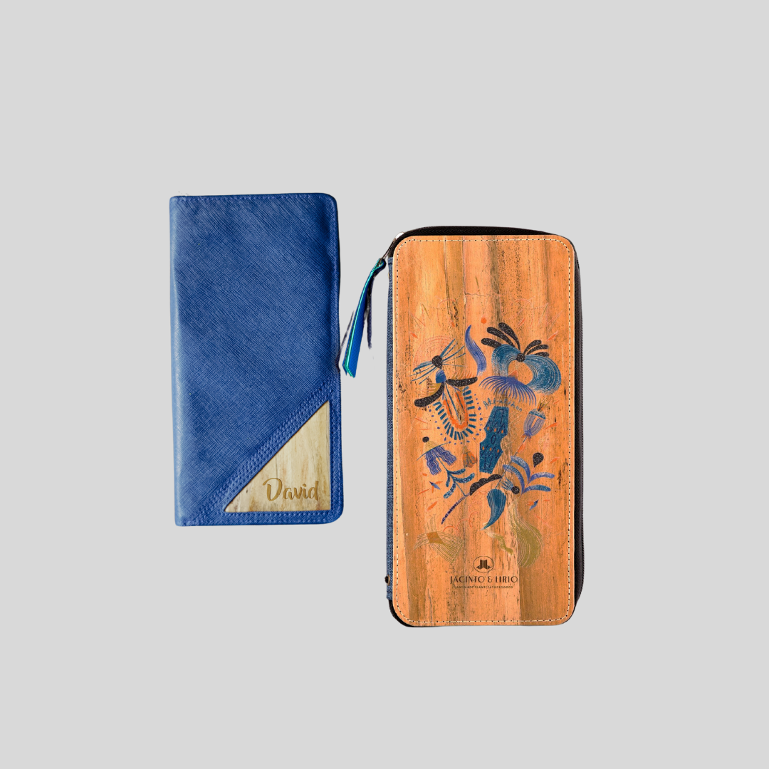 Two different kinds of vegan leather notebook wallet made by Jacinto & Lirio, one that is zipped and larger in size and the other in color blue and smaller.