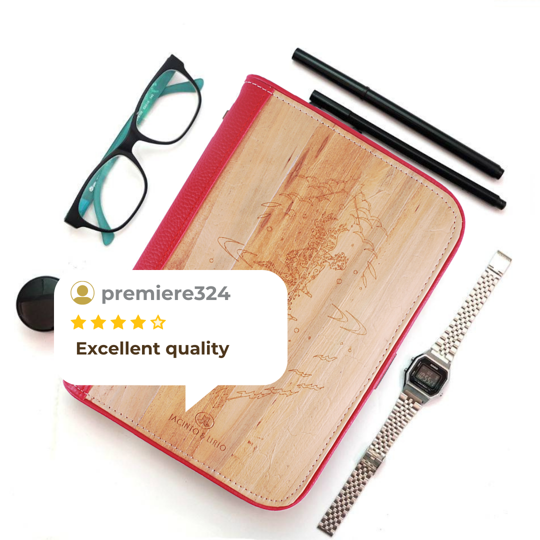 A 5 star review of an A5 sized vegan leather planner saying "excellnt quality".