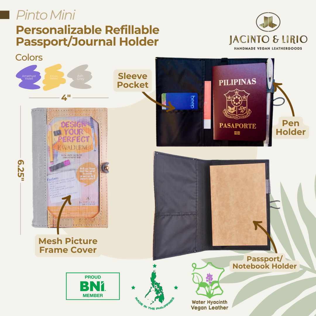 A gray multifunctional passport holder and refillable journal that has vegan leather accents and a picture frame cover on the front, as well as a sleeve pocket on the inside of the front cover.