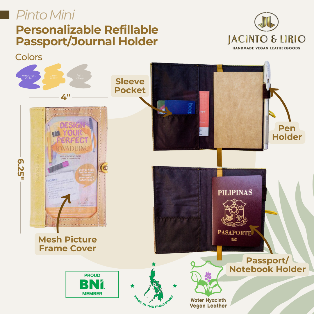 A yellow and black multifunctional passport holder and refillable journal that has vegan leather accents and a picture frame cover on the front, as well as a sleeve pocket on the inside of the front cover.