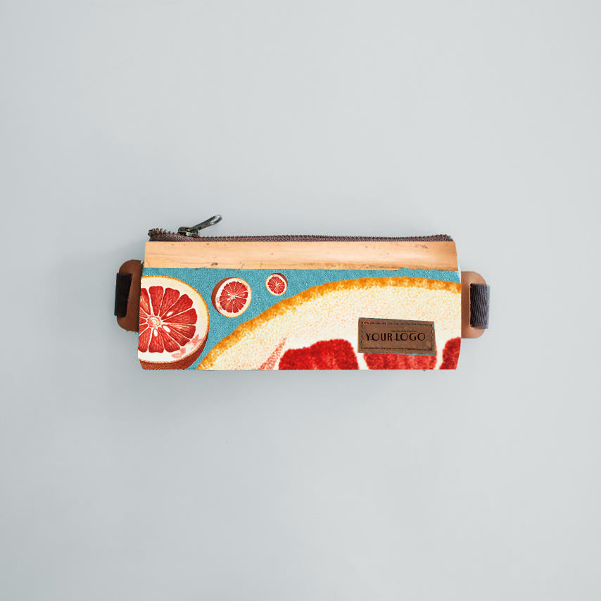 A vibrant fruit designed rectangular pencil case made out of vegan leather.