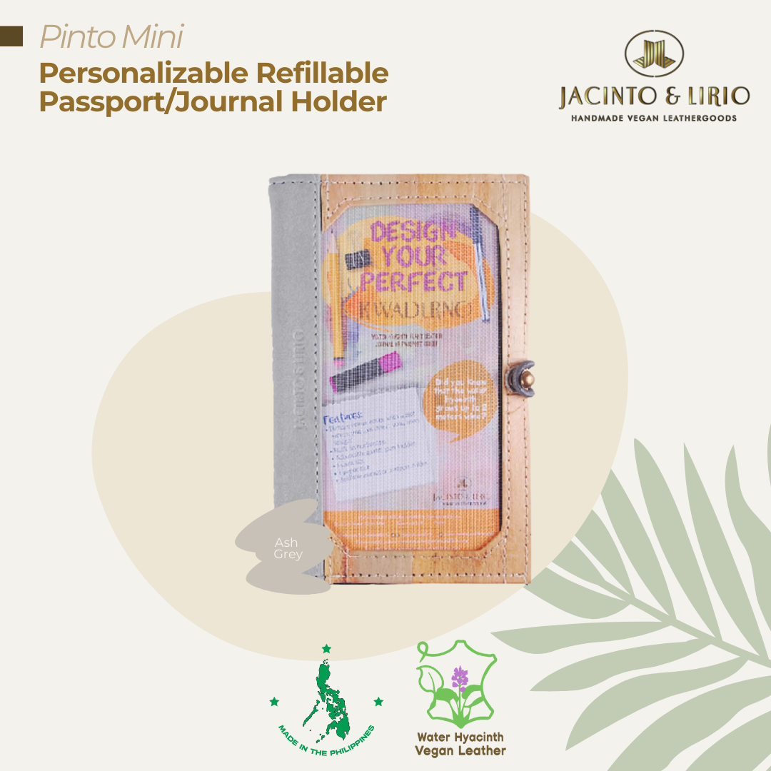 Front view of a personalizable passport or journal holder in ash grey made with water hyacinth plant leather.