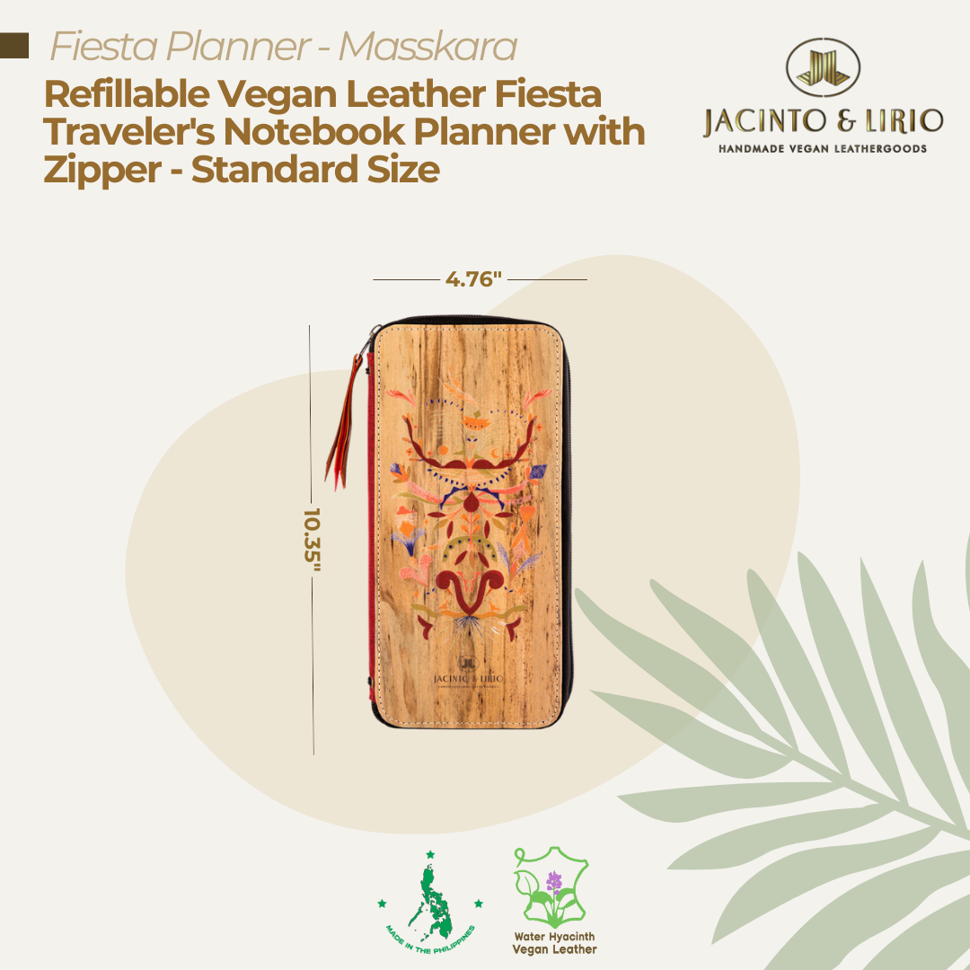 Front view of the traveler's notebook journal sleeve in the Masskara variation.