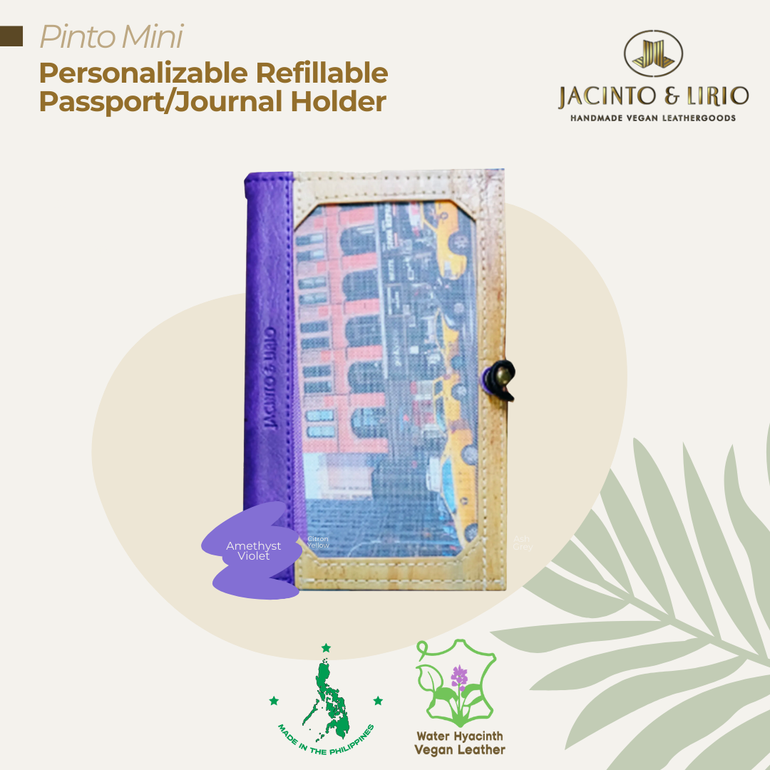 Front view of a personalizable passport or journal holder in amethyst violet made with water hyacinth plant leather.