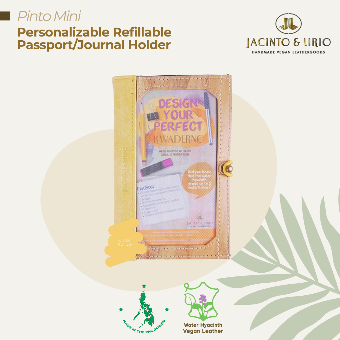 Front view of a personalizable passport or journal holder in citron yellow made with water hyacinth plant leather.