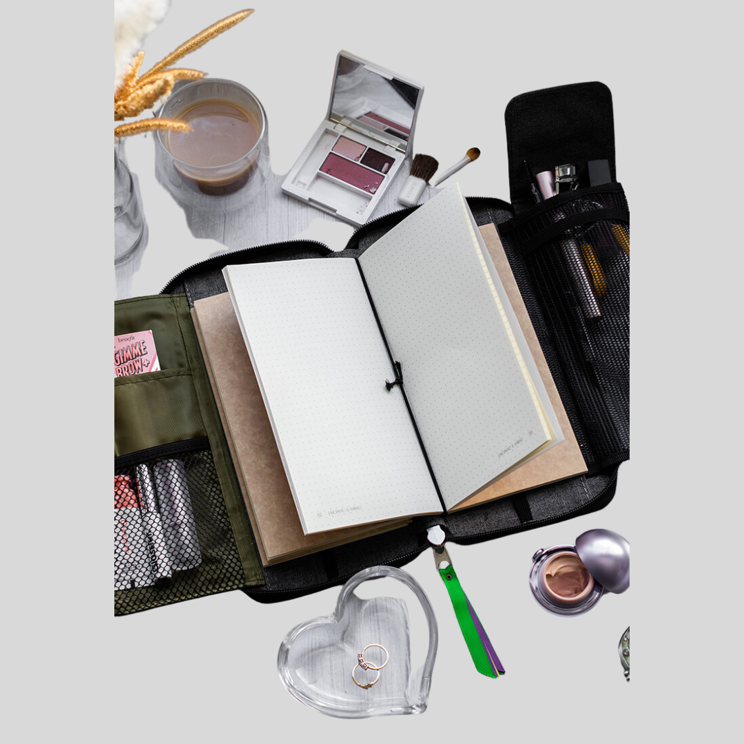 A multifunction zipped wallet and notebook that has many in-built compartments that can be used to store makeup products, brushes, and also has refillable pages.