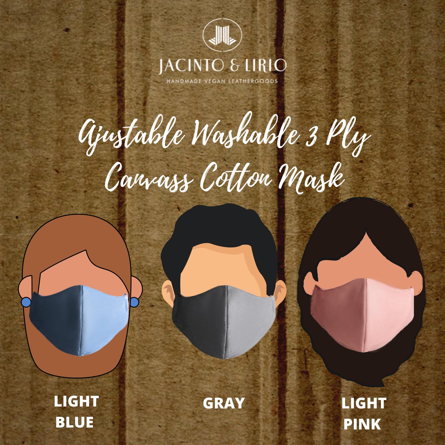 3 different color variations of an adjustable, washable, 3 ply cotton mask made out of canvas material, in colors blue, gray, and pink.