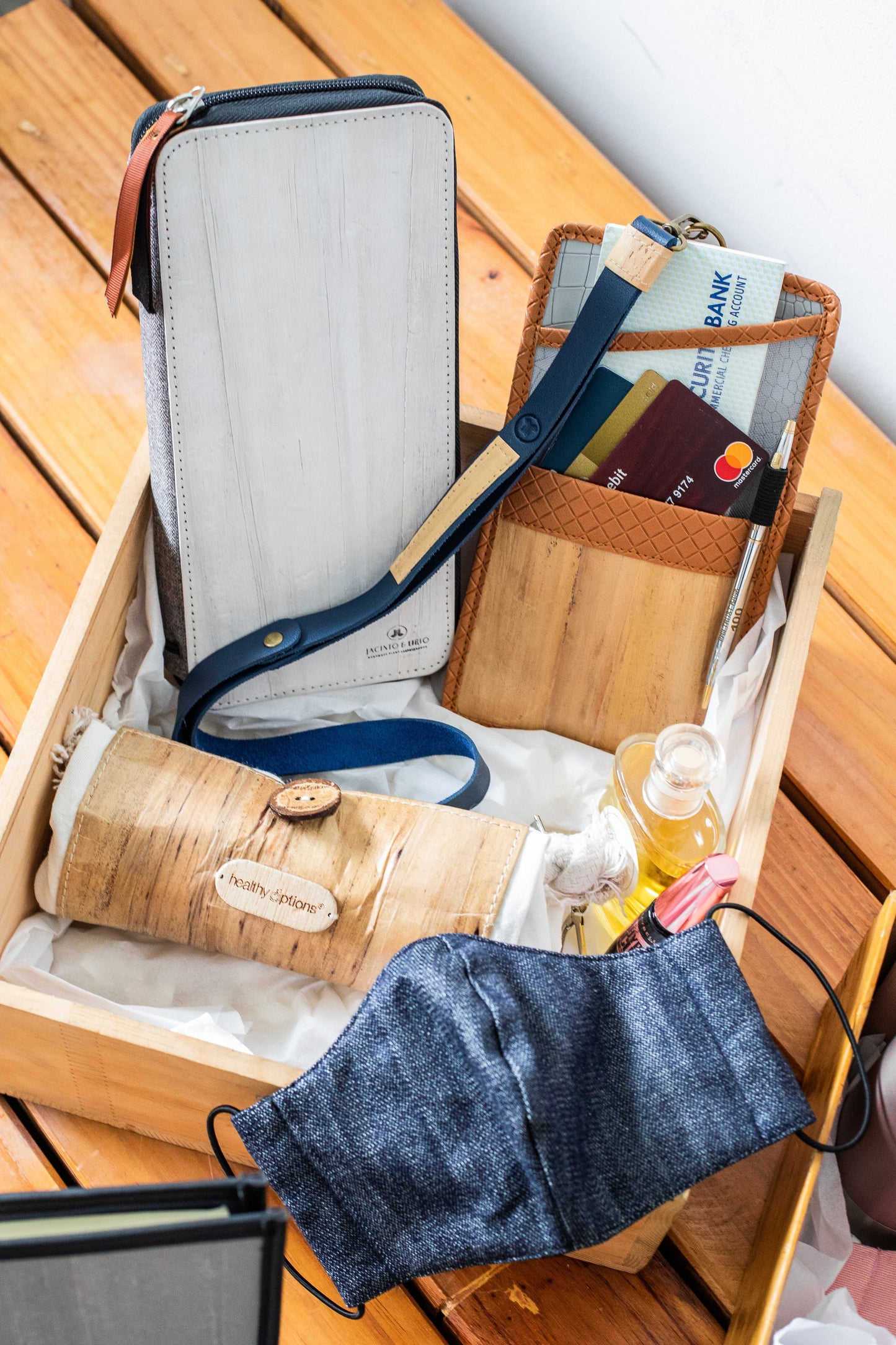 A gift set for a mother consisting of products with white or dark blue colors.