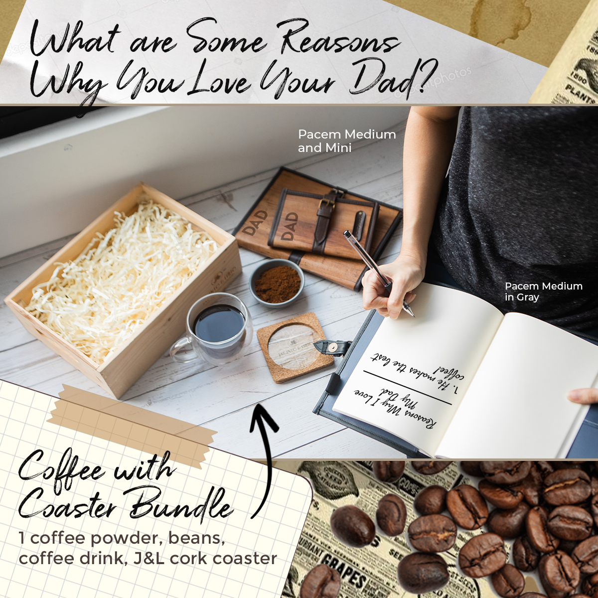 A gift set dedicated for father's day with some dark brown refillable vegan leather notebooks in varios sizes and a gift box.
