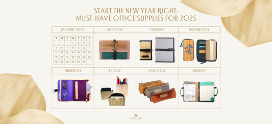 Various office products made of vegan leather such as some journals, wallets, and planners.
