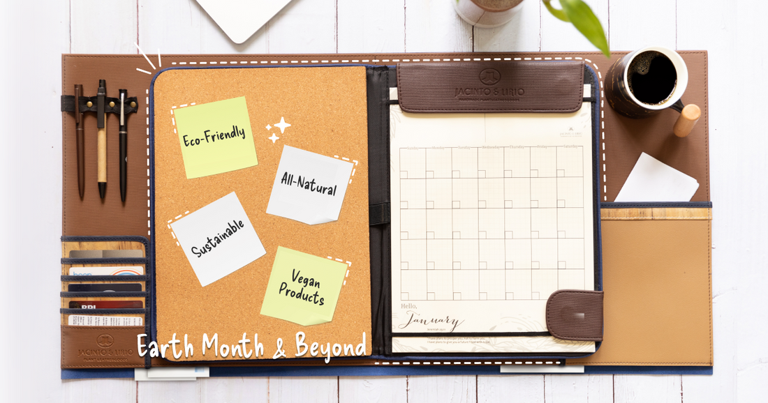 A vegan leather clipboard planner that shows sticky notes with Earth Day reminders.