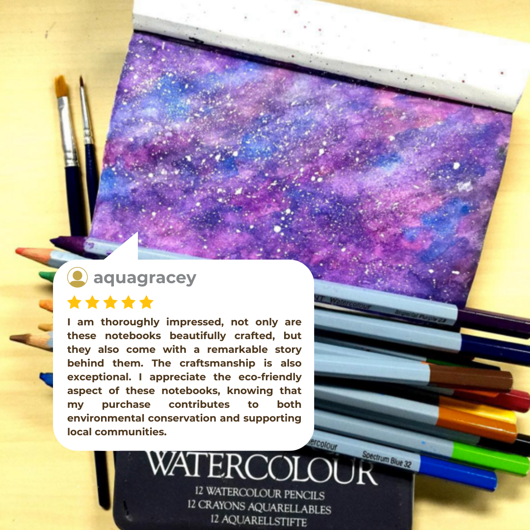 5 star Review of Blank Notebook Kwaderno Refill Inserts by Jacinto and LIrio, with watercolour art and brushes on the paper.