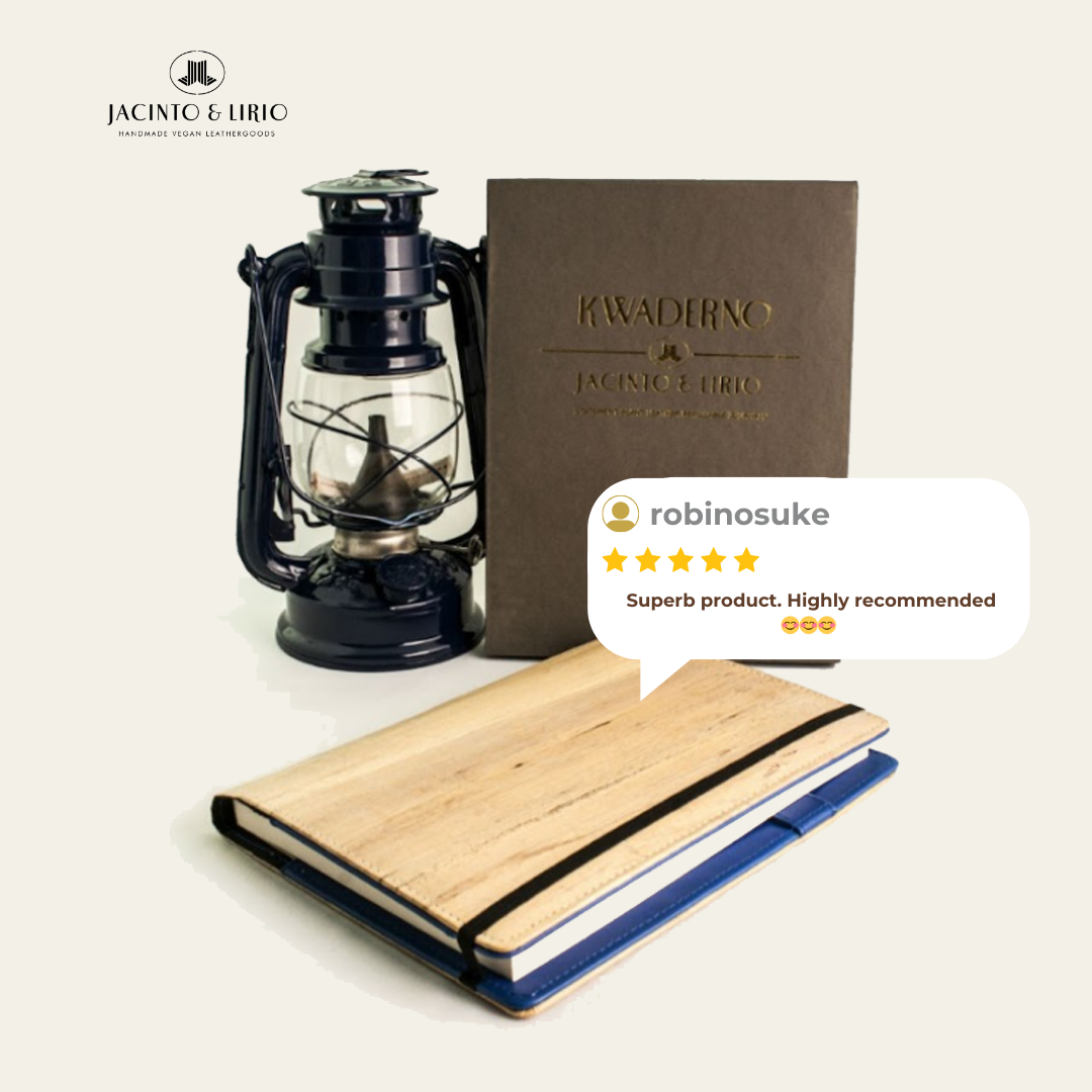 Positive 5 star Review of Perseverance Journal Refill Pages with lamp and brown Kwadero Refill upright in the background.