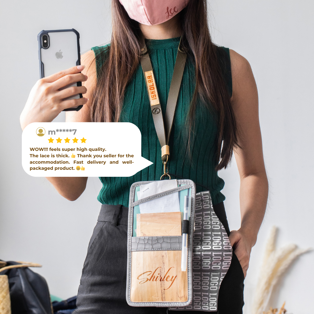 5 star positive review of Obra ID vegan leather lanyard by Jacinto & Lirio.