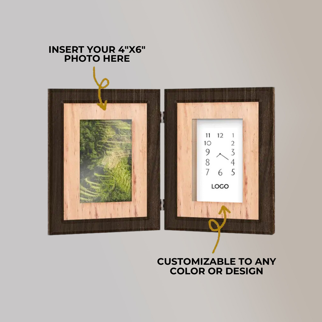 Oras Wooden Picture Frame and Clock Table Display with Water Hyacinth Vegan Leather Matting and Personalizable Clock Face - Jacinto & Lirio