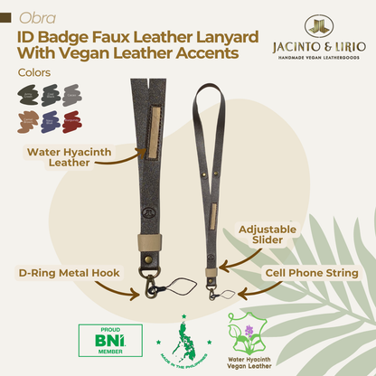 product feature of a light gray colored ID lanyard with an adjustable slider, cell-phone string, d-ring metal hook, and vegan leather accent on the strap.e of 