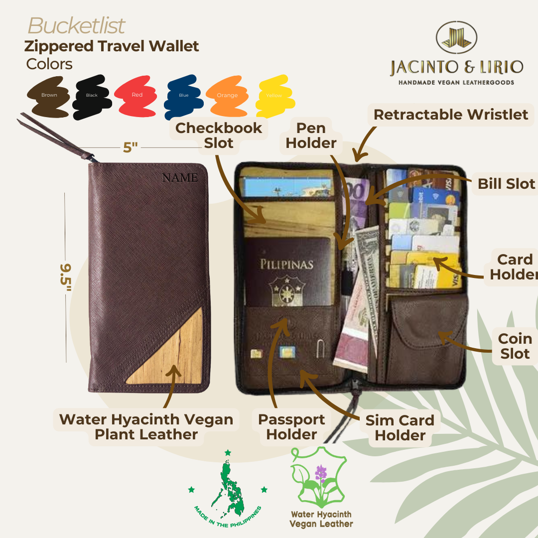 Zippered travel wallet in brown with multiple pockets for checkbooks, sim cards, paper bills, cards, and coins. 