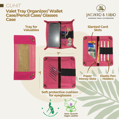 Front and inner view of tray organizer with inner compartment for cards in pink.