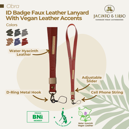 Red ID lanyard with an adjustable slider, cell-phone string, d-ring metal hook, and vegan leather accent on the strap.