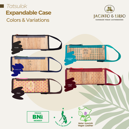 Five different color variations of a vegan leather expandable case with a zipper wristlet, in colors brown, blue, light brown, cyan, and red.