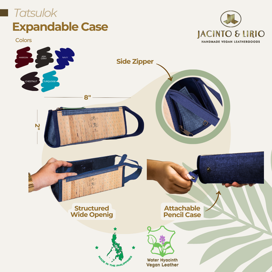 A multi-function rectangular pencil case made out of vegan leather and blue fabric.