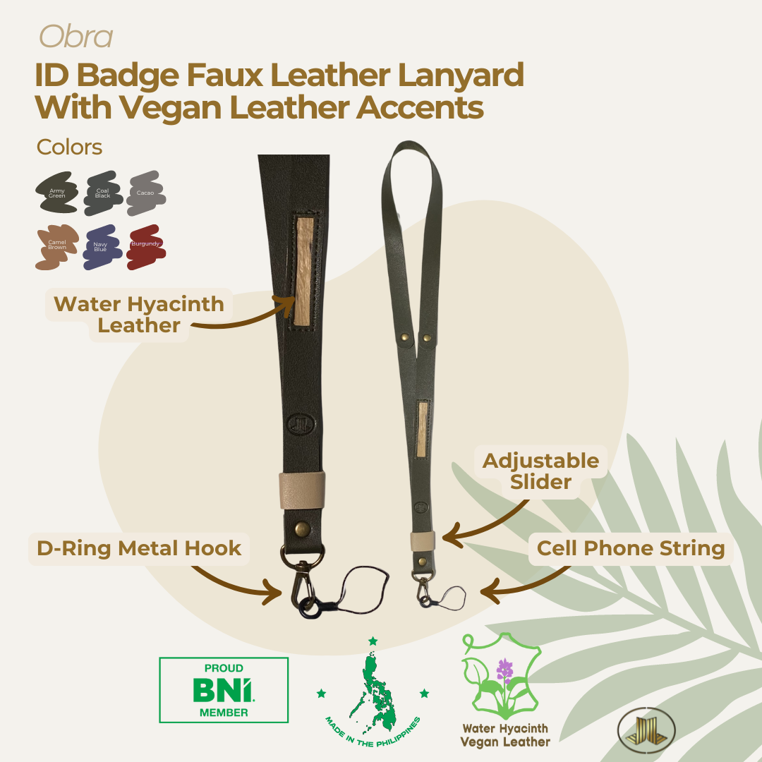 product feature of an army green ID lanyard with an adjustable slider, cell-phone string, d-ring metal hook, and vegan leather accent on the strap.