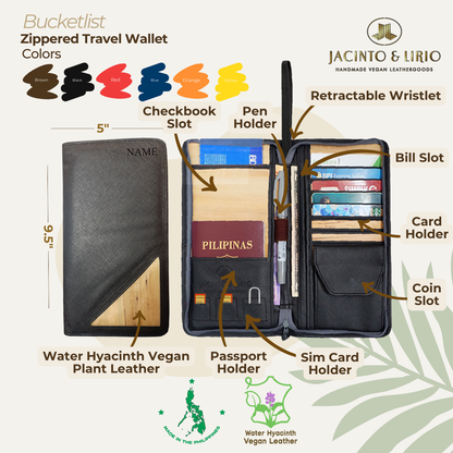 Zippered travel wallet in black with multiple pockets for checkbooks, sim cards, paper bills, cards, and coins. 