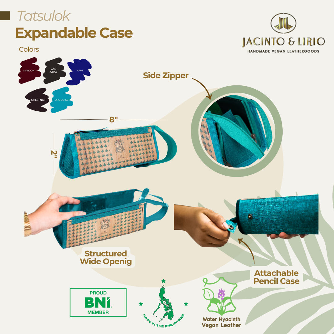 The highlighted features of a vegan leather expandable case in color cyan, such as having a rectangular structured wide opening, a detachable wristlet, and side zippers for even wider opening.