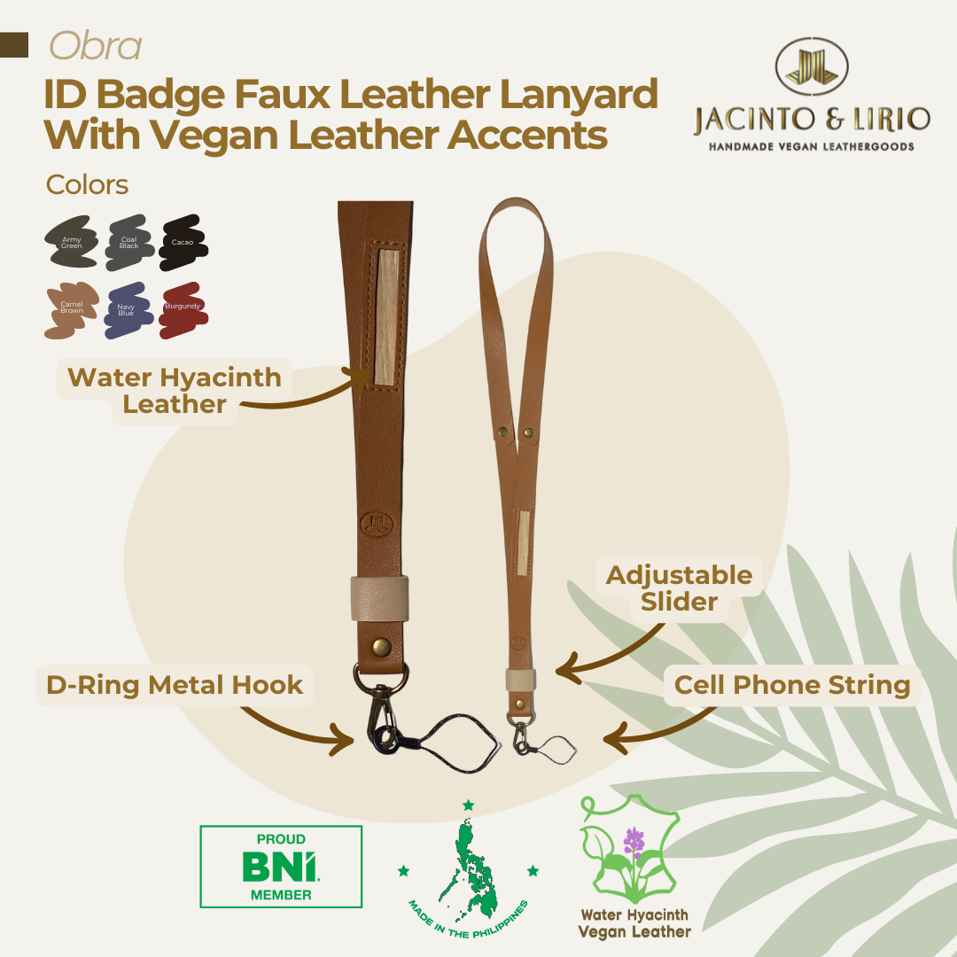 product feature of an orange ID lanyard with an adjustable slider, cell-phone string, d-ring metal hook, and vegan leather accent on the strap.