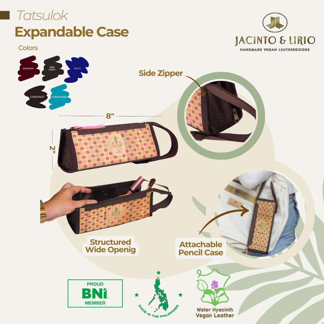 The highlighted features of a vegan leather expandable case in color dark brown, such as having a rectangular structured wide opening, a detachable wristlet, and side zippers for even wider opening.