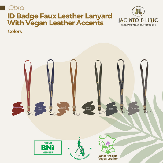 7 pieces of Obra ID Badge Leather Lanyard with Vegan Leather Accents and a phone strap, each in different colors.