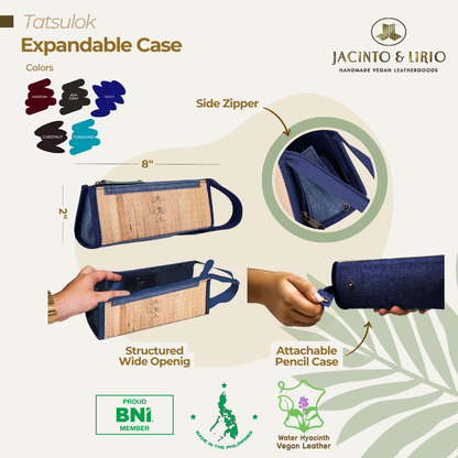 The highlighted features of a vegan leather expandable case in color blue, such as having a rectangular structured wide opening, a detachable wristlet, and side zippers for even wider opening.