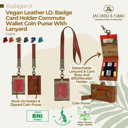 Kaibigan II Vegan Leather ID Badge Card Holder Commute Wallet Coin Purse with Leather Lanyard