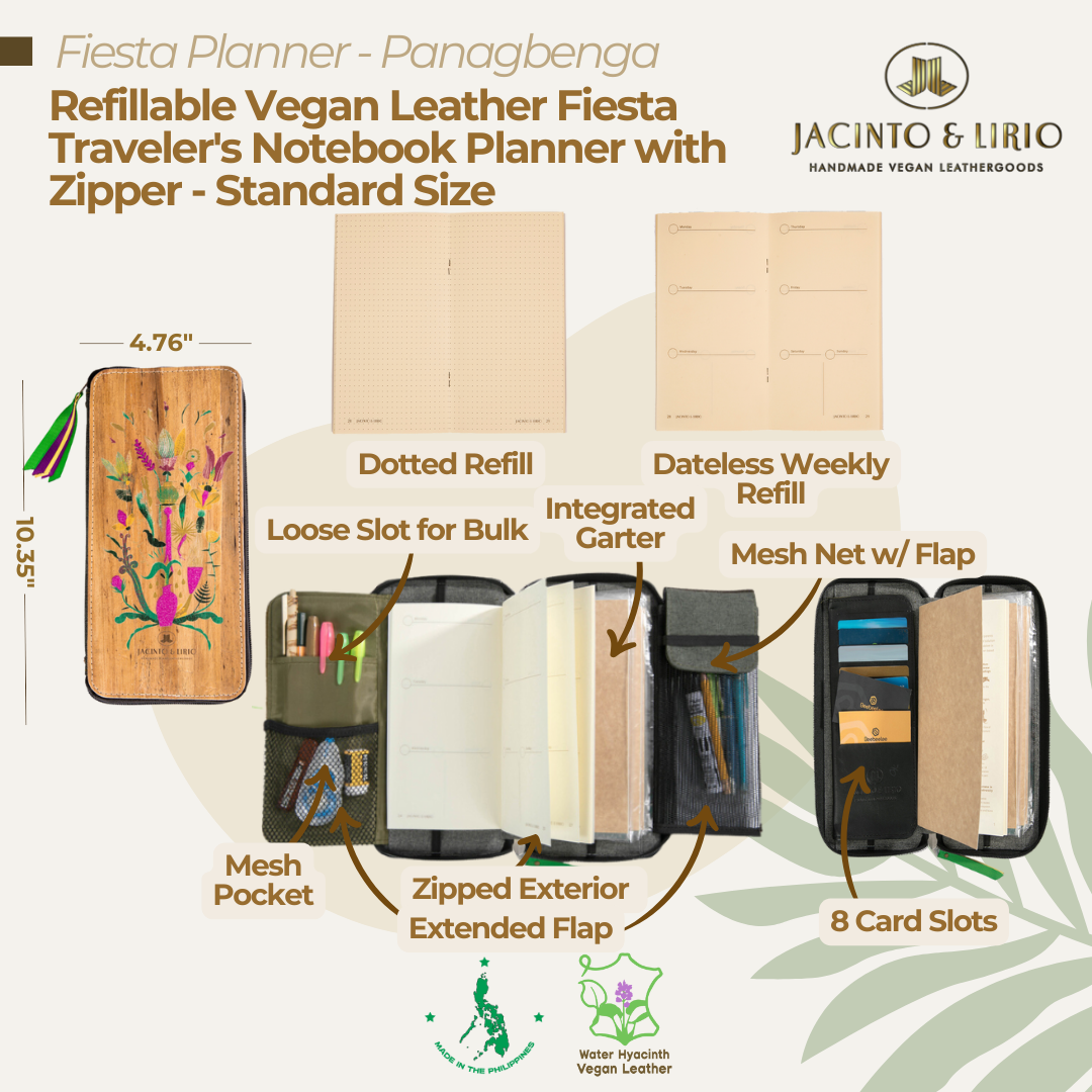 Front view of the traveler's notebook of the Panagbenga variation featuring multifunctional pockets for journaling on-the-go.