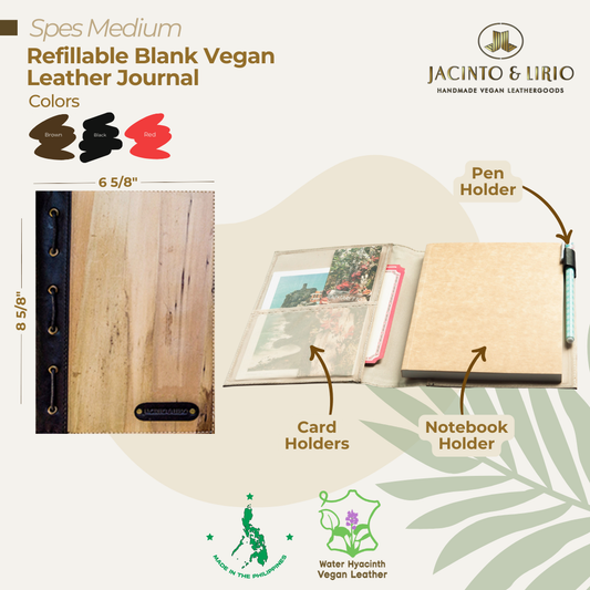 A vegan leather journal with a black leather spine.