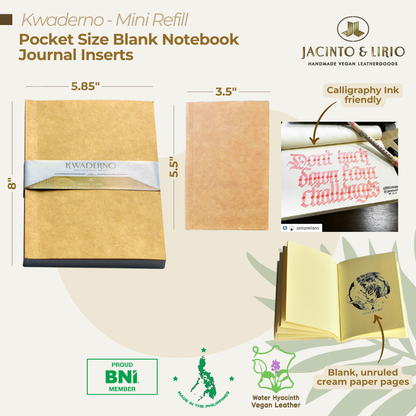 dimensions in inches of Blank Notebook Refill Inserts with unruled cream pages and calligraphy friendly ink.