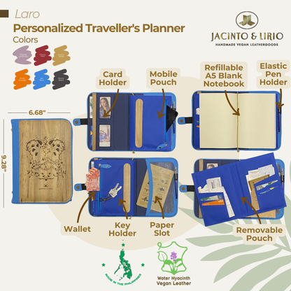 Front view of a multifunctional planner with a luksong tinik engraving and sky blue exterior containing an interior space for cards, phones, pens, and an A5 notebook.
