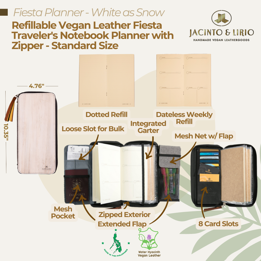 Front view of the traveler's notebook of the White as Snow variation featuring multifunctional pockets for journaling on-the-go.