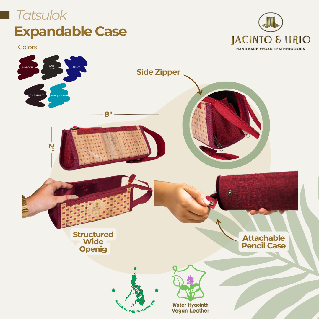 Expandable pencil case with wristlet in maroon.