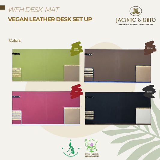 Four vibrant color variations of a vegan leather desk mat with built-in card and paper holders.