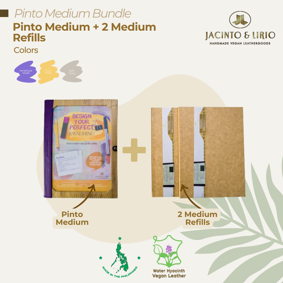 A bundle composed of a personalizable passport or journal holder in amethyst violet and two notebook refills with cream paper.