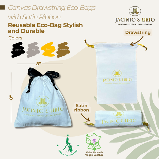 Stylish 8 x 8 reusable canvas drawstring with gold satin ribbon.