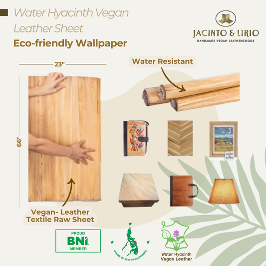 A textile raw sheet made of vegan leather that has a wood-like appearance and is water-resistant.