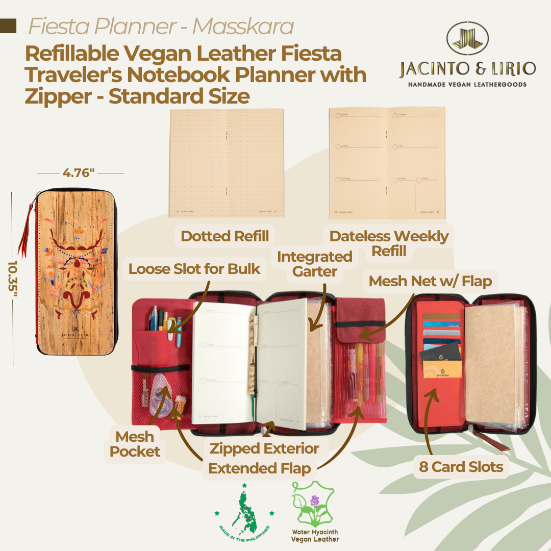 Front view of the traveler's notebook of the Masskara variation featuring multifunctional pockets for journaling on-the-go.