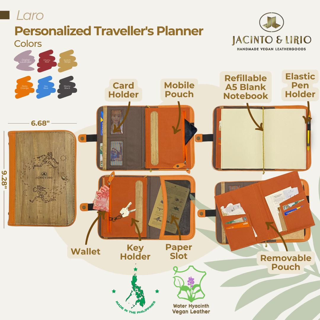 Front view of a multifunctional planner with a habulan engraving and zesty orange exterior containing an interior space for cards, phones, pens, and an A5 notebook.